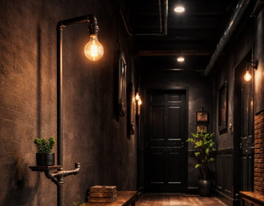 Dark hallway with industrial-style lighting and decor
