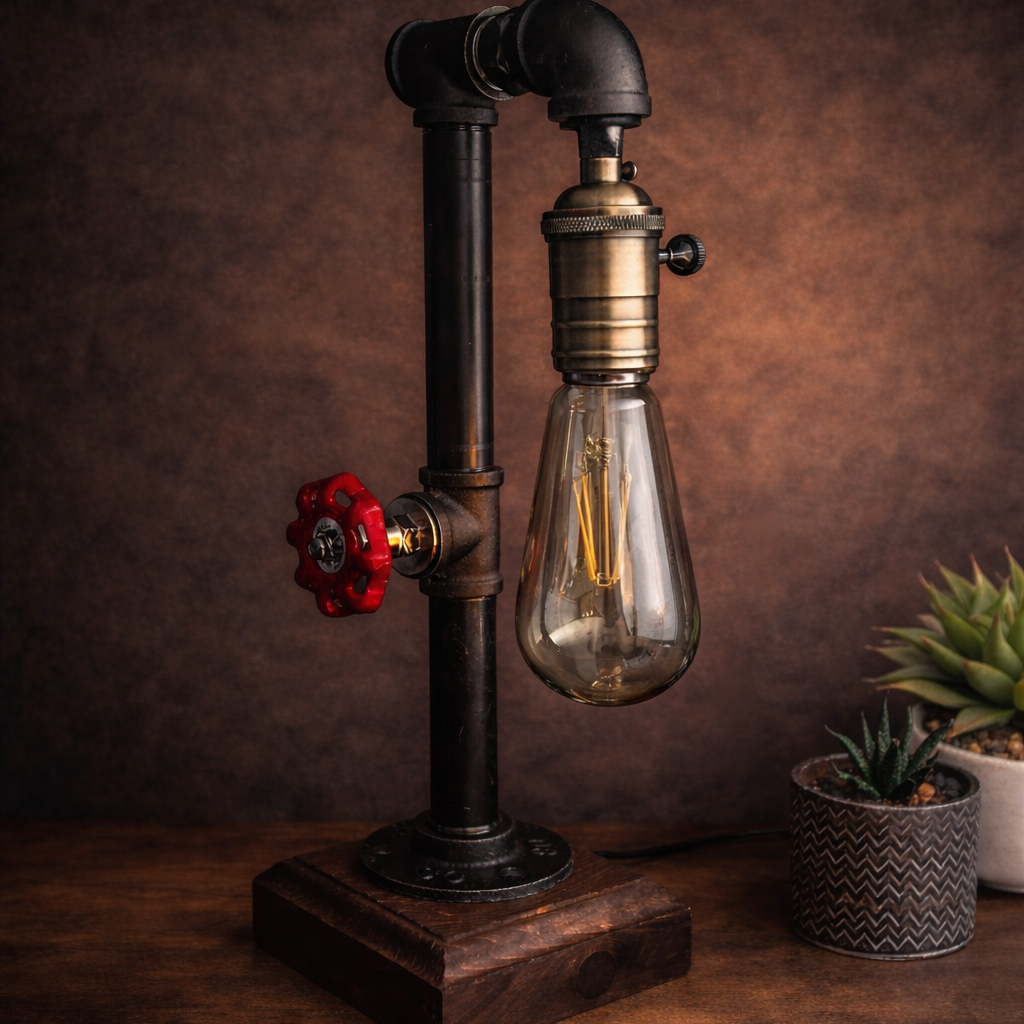 Handmade Industrial Pipe Table Lamp – Vintage Edison Bulb Steampunk Lighting
