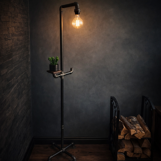 Industrial Pipe Floor Lamp with Shelf – Steampunk Edison Standing Lamp – Vintage Loft Style Lighting