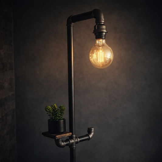 Industrial Pipe Floor Lamp with Shelf – Steampunk Edison Standing Lamp – Vintage Loft Style Lighting