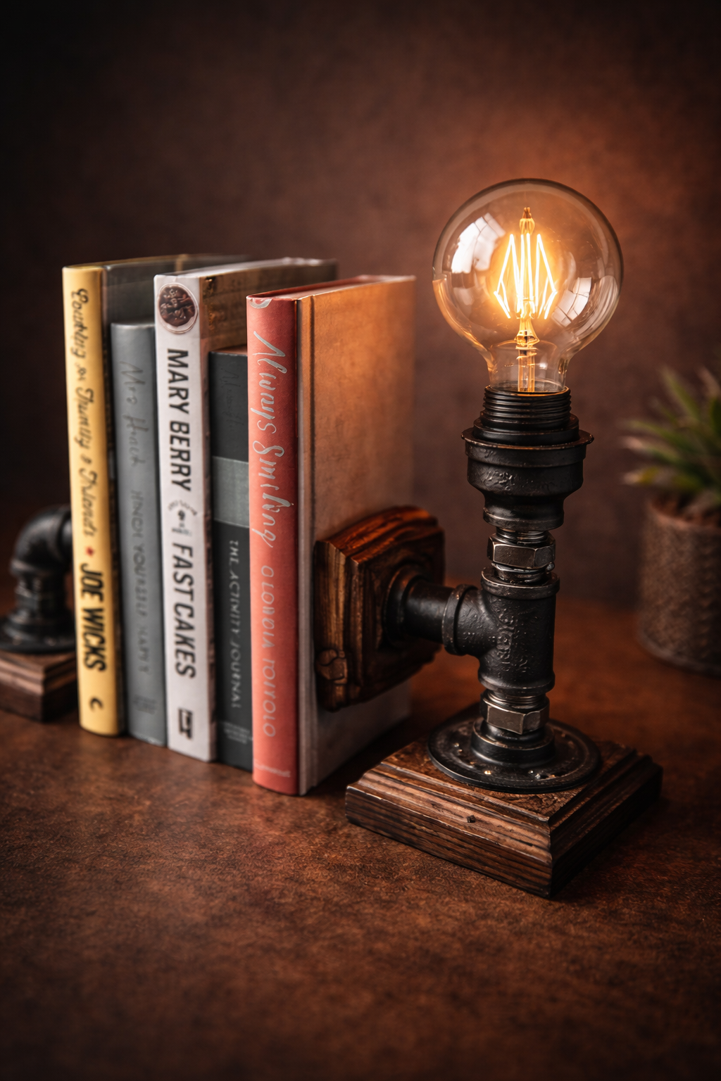 Industrial Pipe Lamp Bookend | Steampunk Bookend Lamp | Edison Bulb Desk Lamp | Rustic Pipe Lighting | Industrial Home Decor