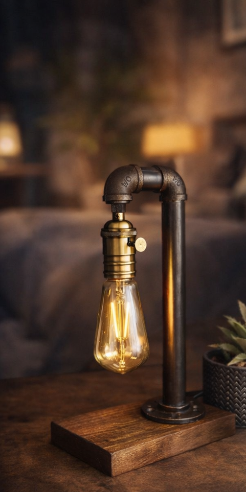 Handmade Industrial Pipe Table Lamp – Vintage Edison Bulb Steampunk Lighting