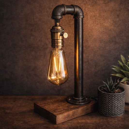 Handmade Industrial Pipe Table Lamp – Vintage Edison Bulb Steampunk Lighting